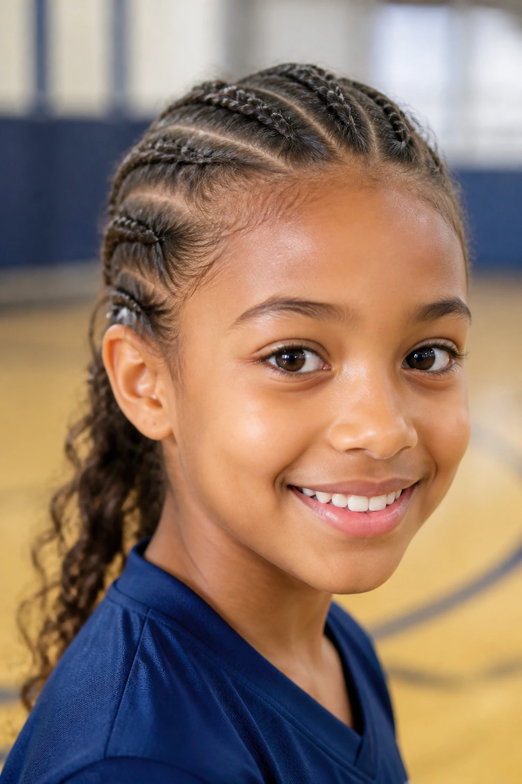 Child with sports-ready tight French weave close to scalp during activity