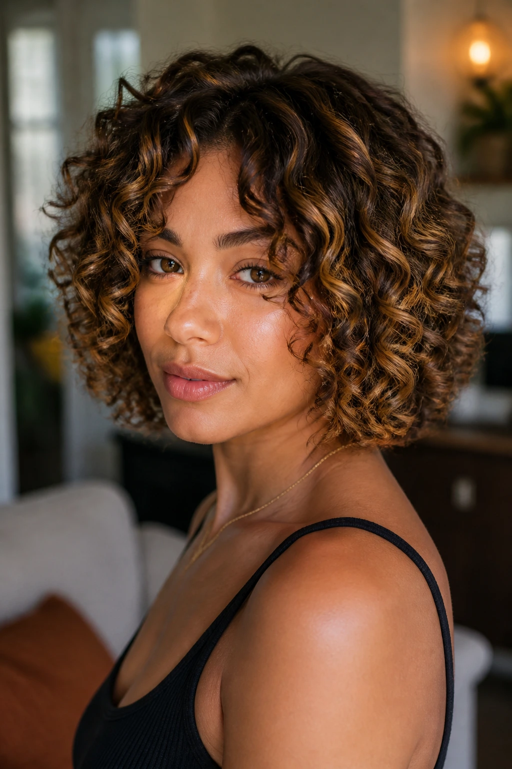 Close-up of a real woman with tight ringlets and hand-painted caramel highlights.