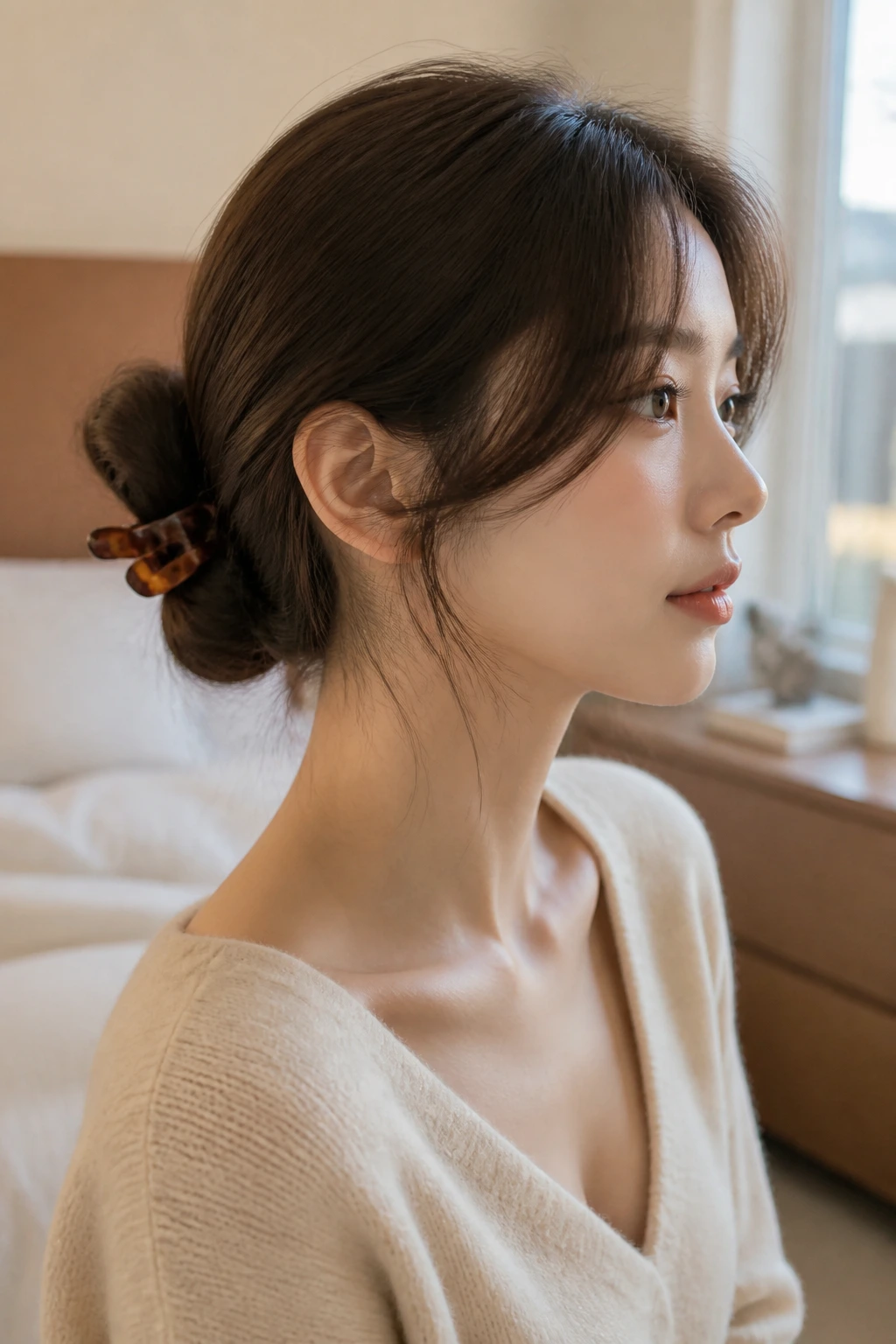 Portrait of a real woman wearing a time-saving Korean low bun for thin hair, with a single clip in morning light