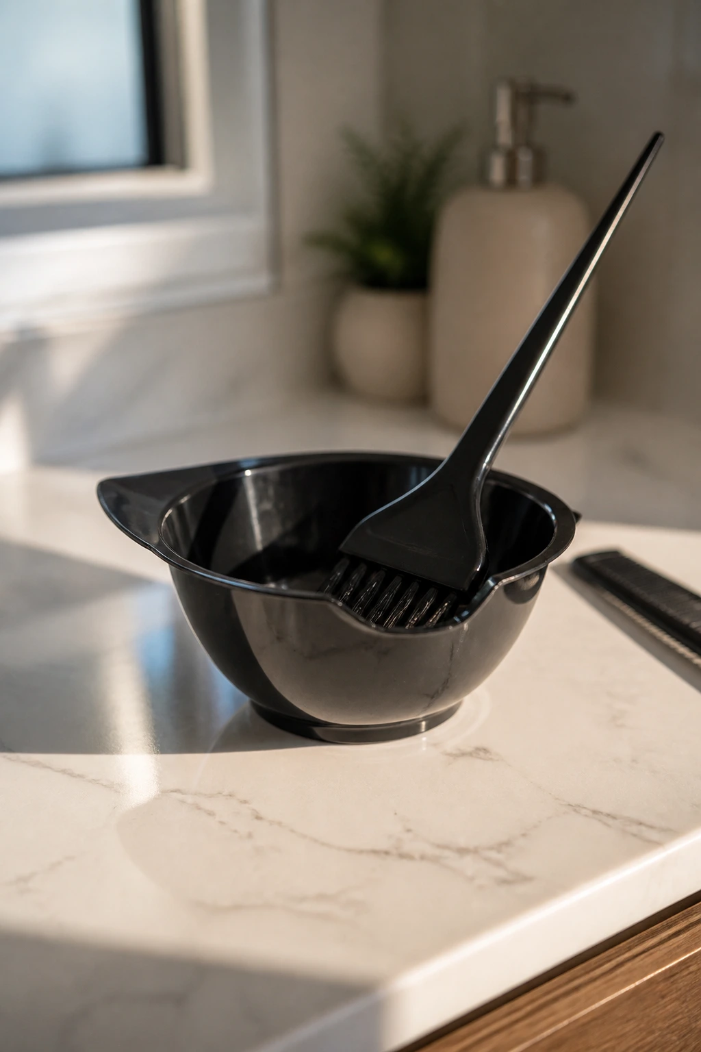 Close-up of tint brush in a color bowl on a bathroom counter in natural light.