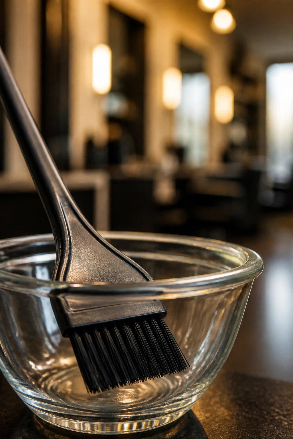 Close-up of tint brush and bowl for hair coloring in a salon