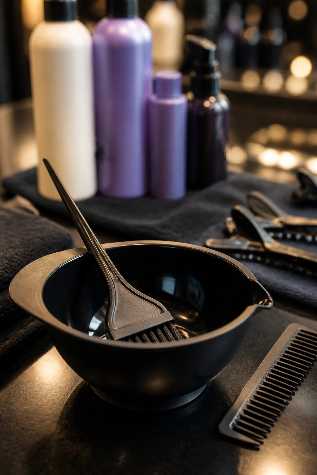 Close-up of tint brush and mixing bowl on a salon counter