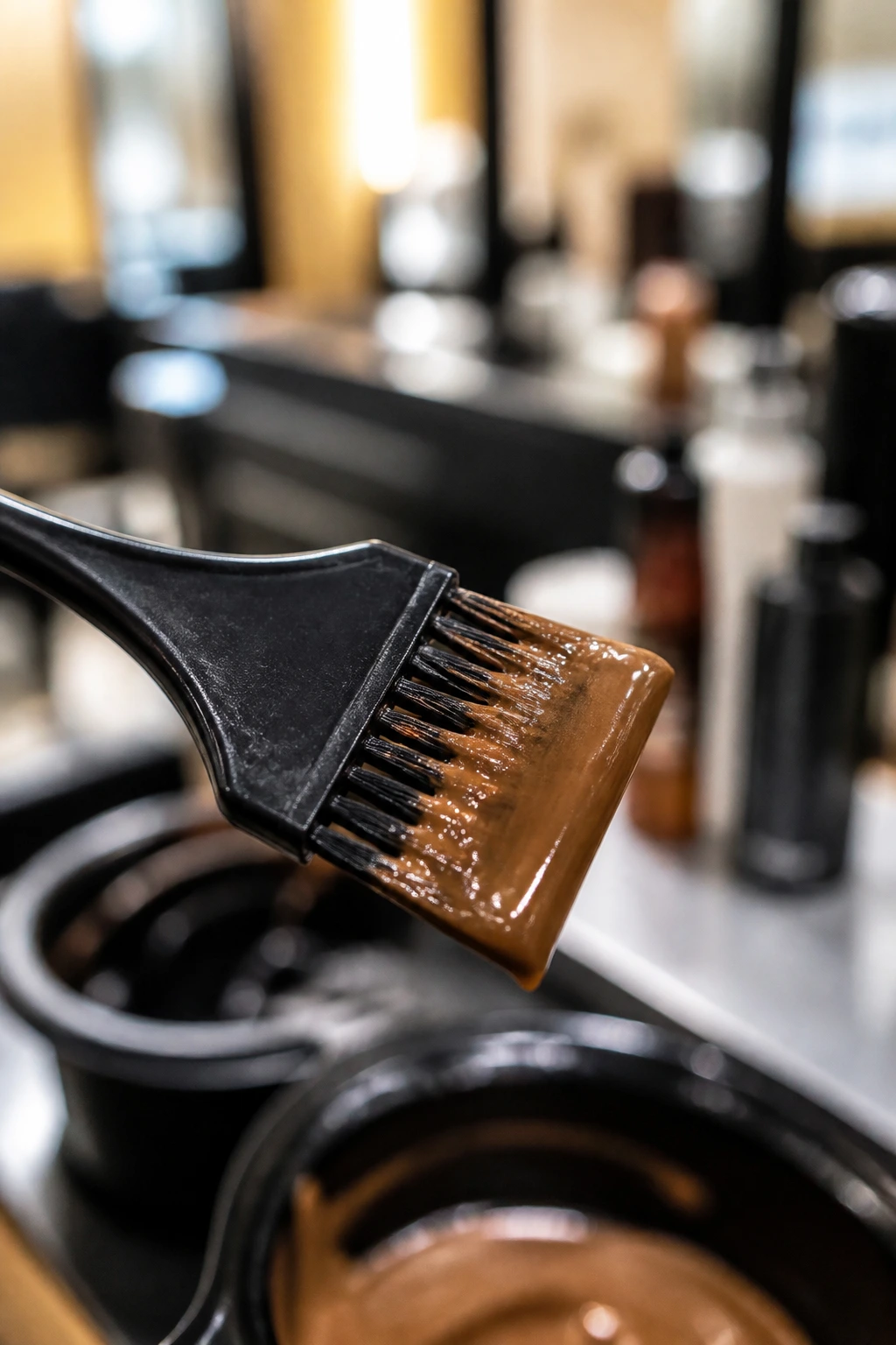 Close-up of a tint brush with caramel dye in a salon setting