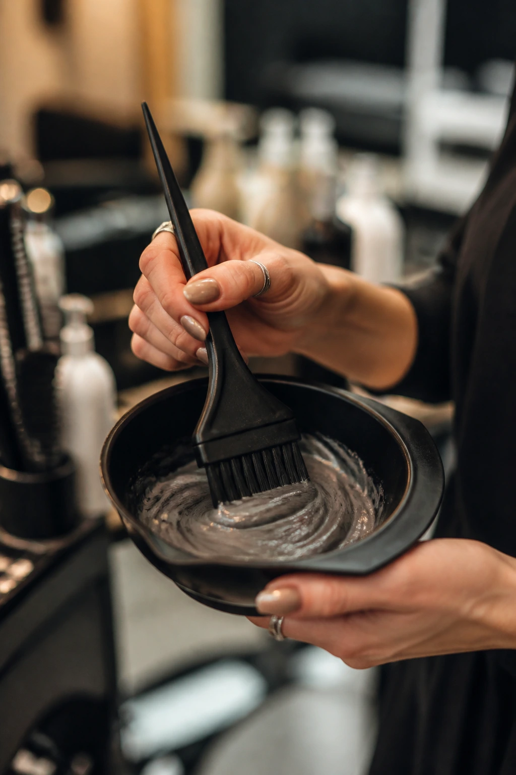 Close-up of a tint brush and color bowl in a salon setting.
