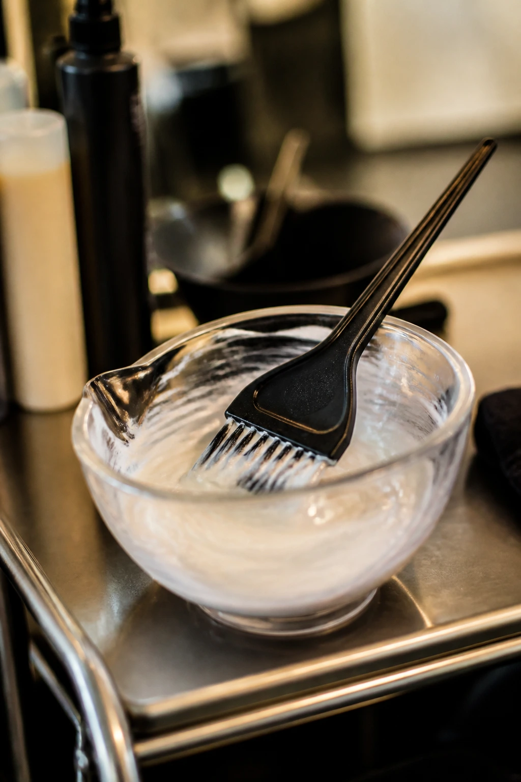 Close-up of tint brush and color bowl at a salon station