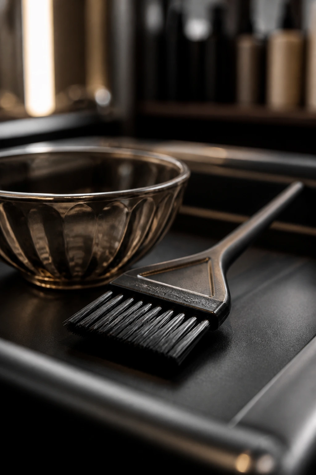 Close-up of a tint brush at a salon station with a color bowl