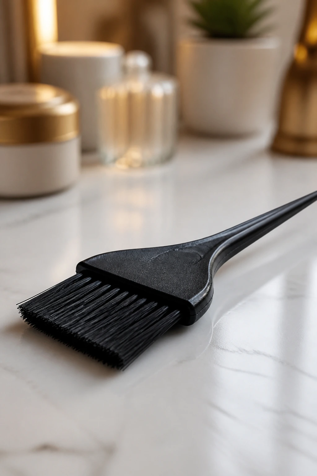 Close-up of a tint brush used for hair color on a clean surface.