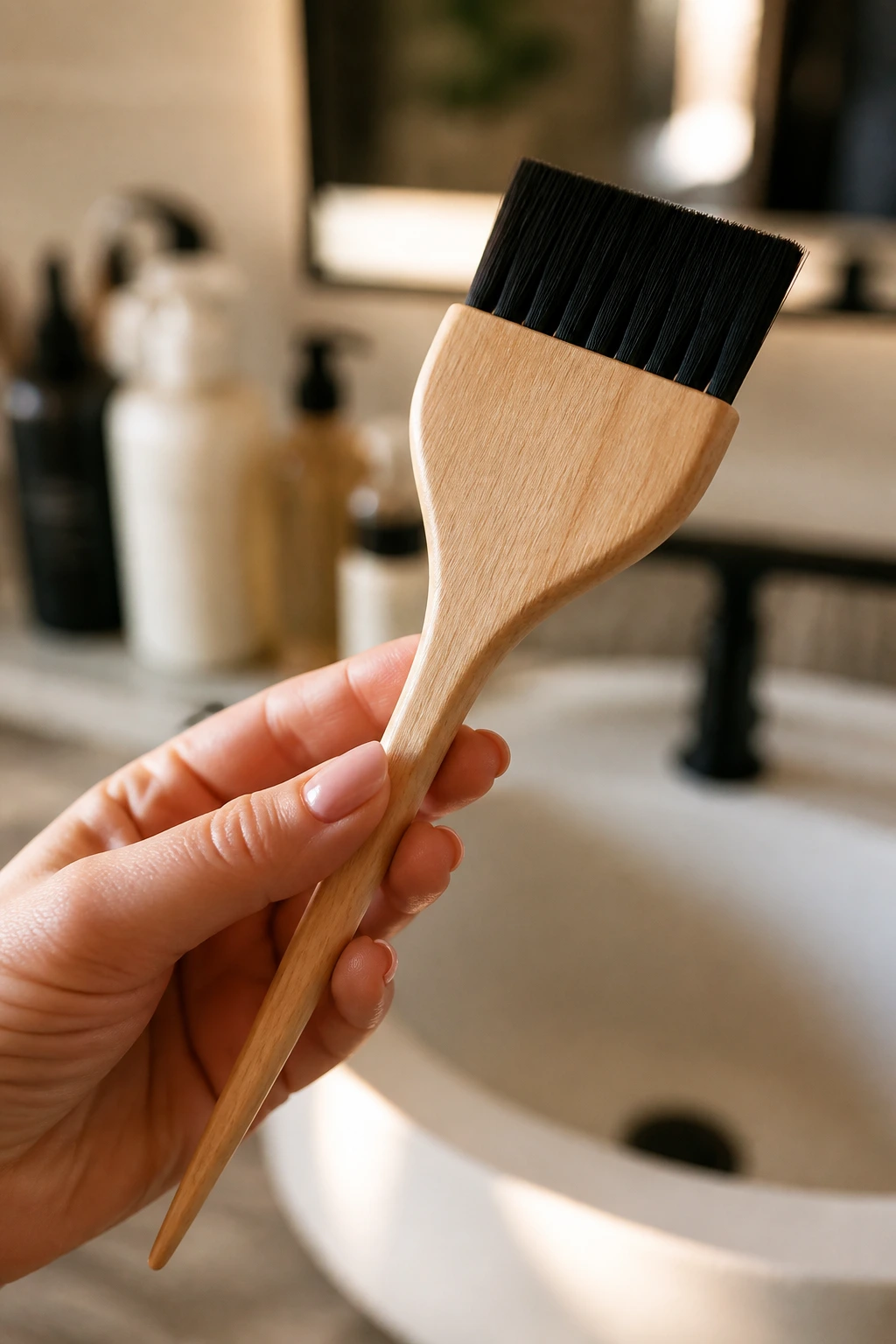 Close-up of a wooden tint brush in hand used for warm brunette color maintenance