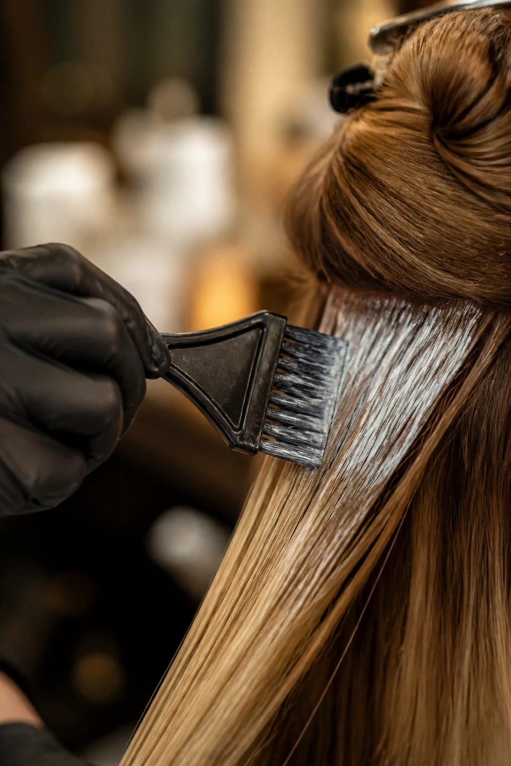 Gloved hand with tint brush applying gloss to hair in a salon