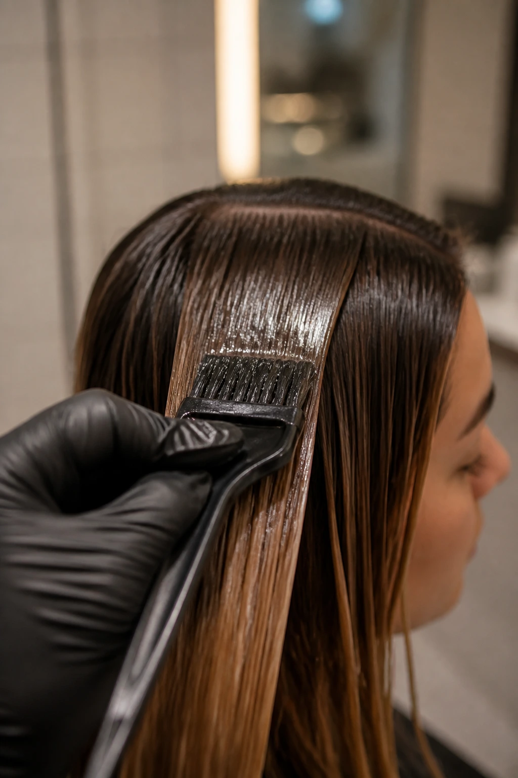 Close-up of tint brush in gloved hand applying gloss to hair on real person