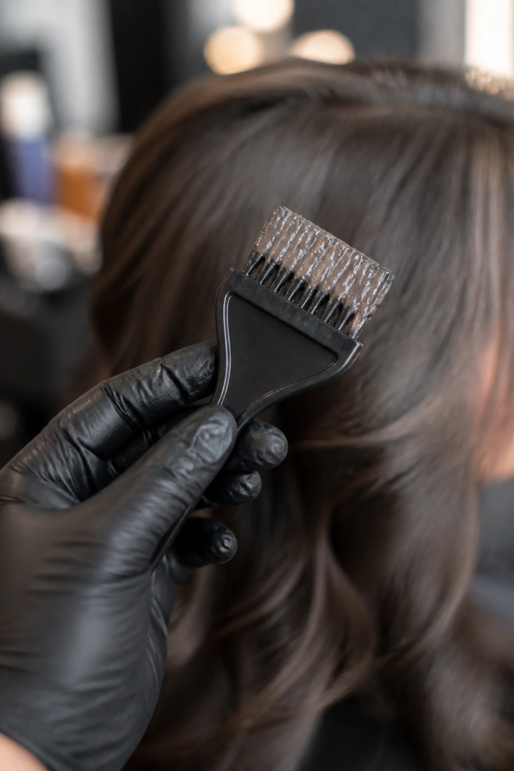 Close-up of a tint brush held by gloved hand against blurred hair background.