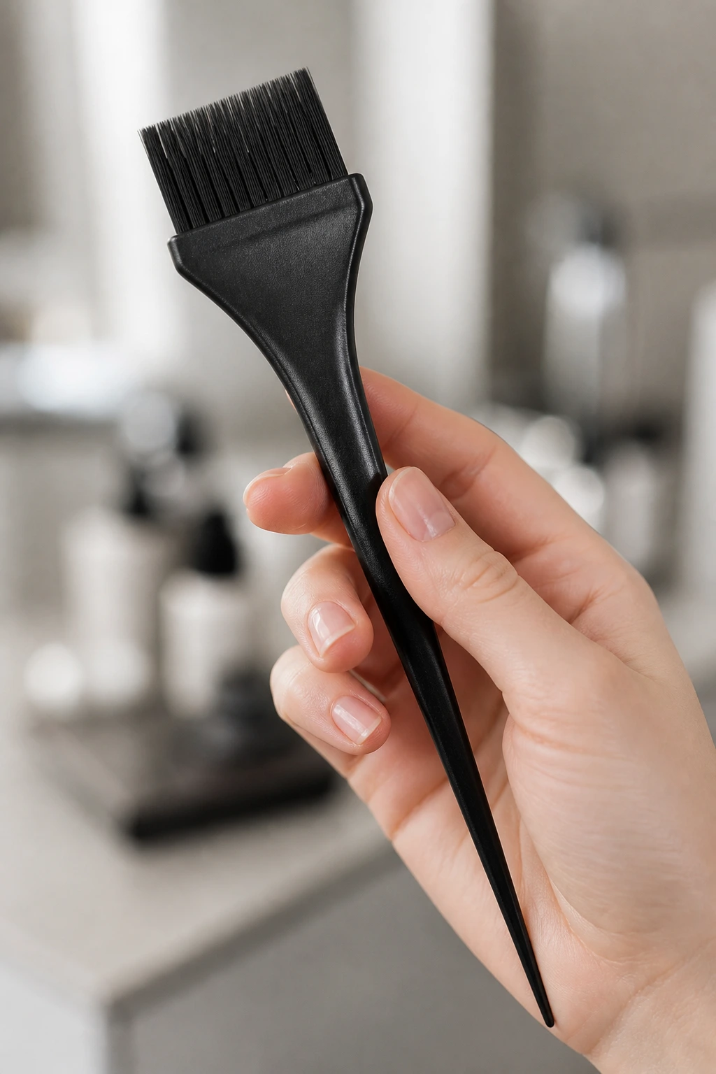 Close-up of a fine-tooth tint brush used for precise highlights
