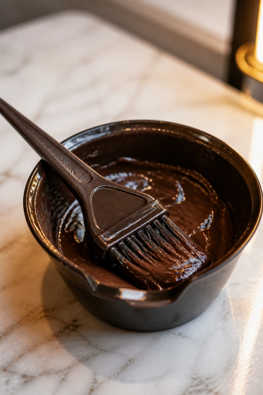 Close-up of a tint brush with chestnut dye over a mixing bowl on a bathroom counter
