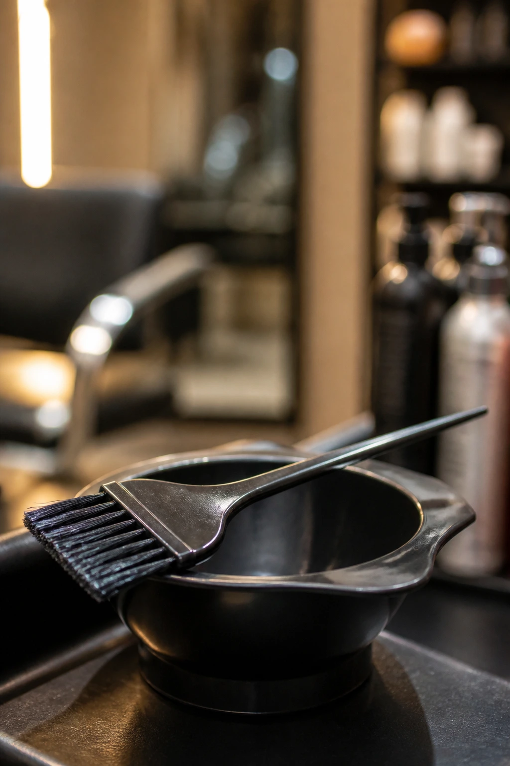 Close-up of a tint brush and mixing bowl in a salon setting