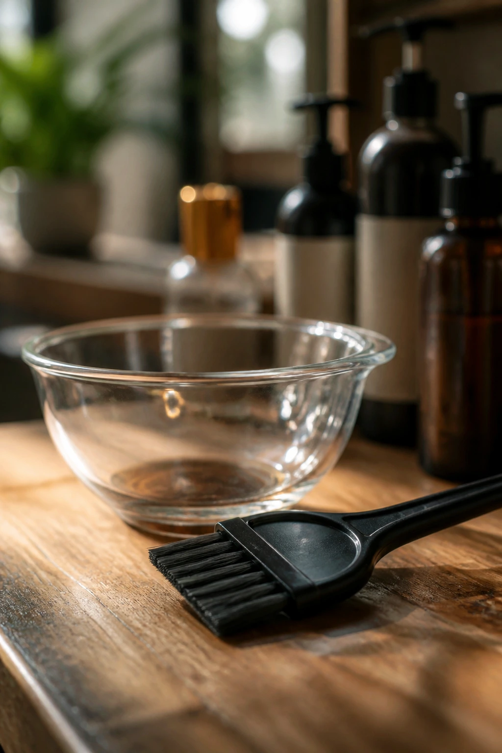 Close-up of a professional tinting brush beside a color bowl in a warm salon