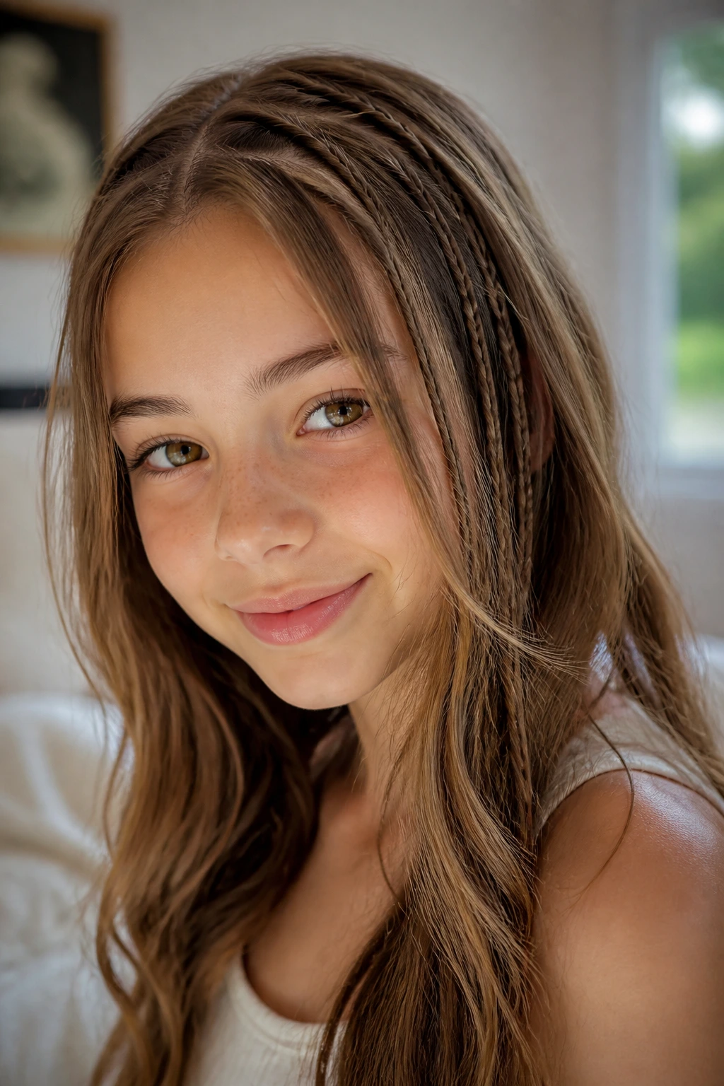 Close-up of a girl with tiny accent braids in loose hair near the face