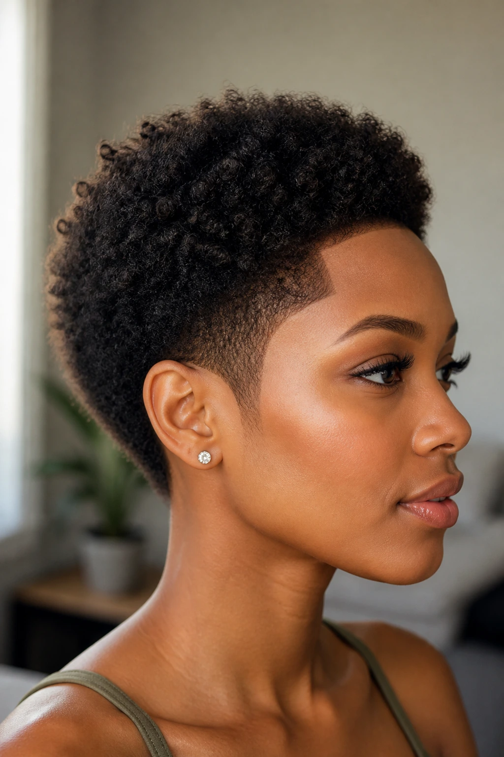 Close-up portrait of person with tiny afro and sharp edges.
