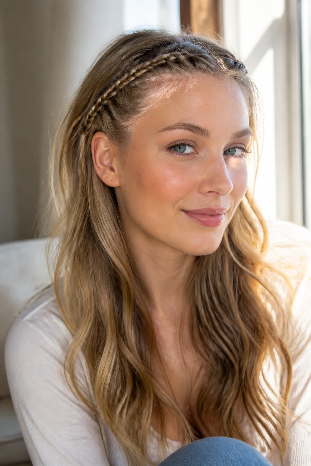 Close-up of a real woman with two tiny braids at the hairline