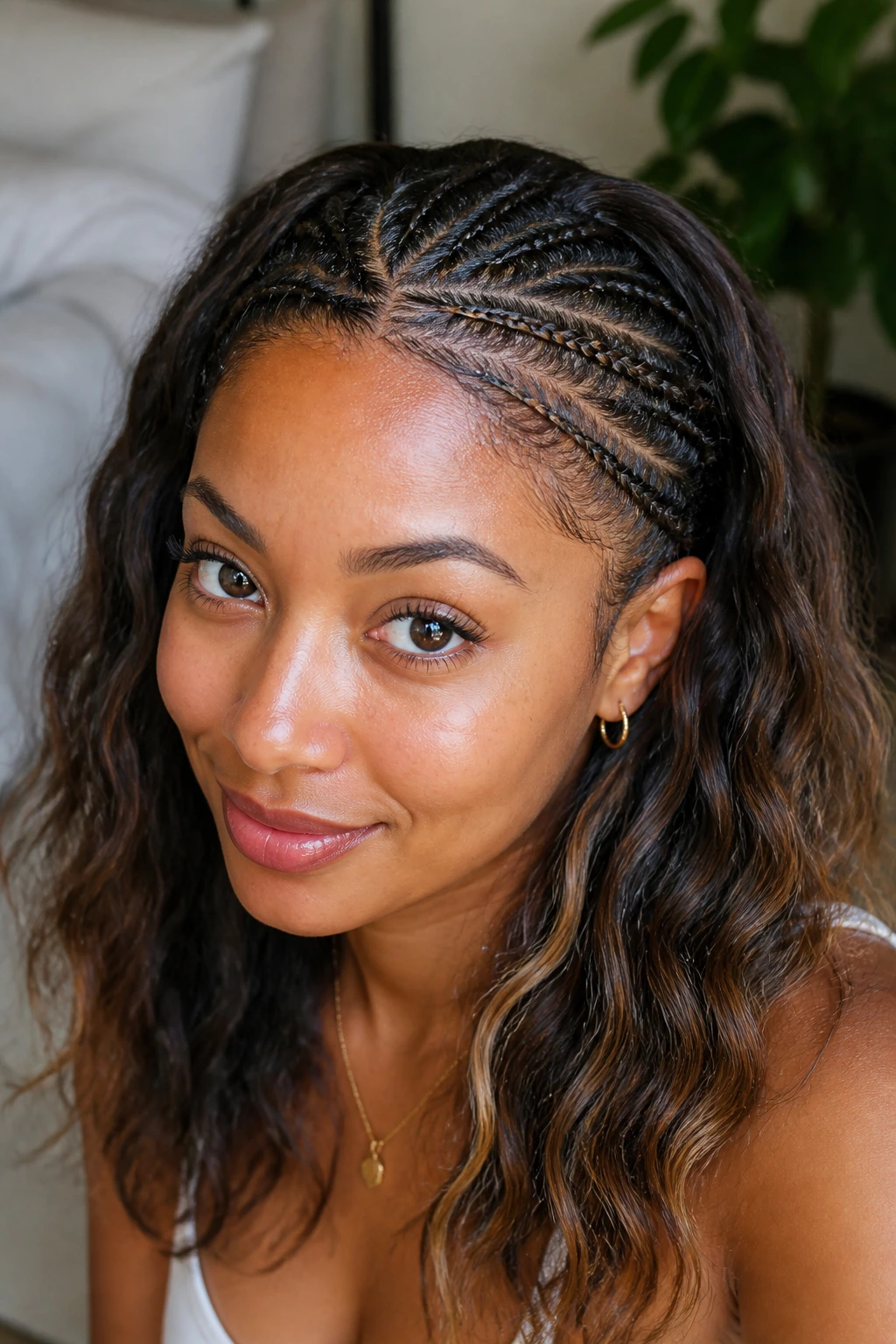 Close-up of a real woman with tiny crown braids along the hairline and soft beachy waves
