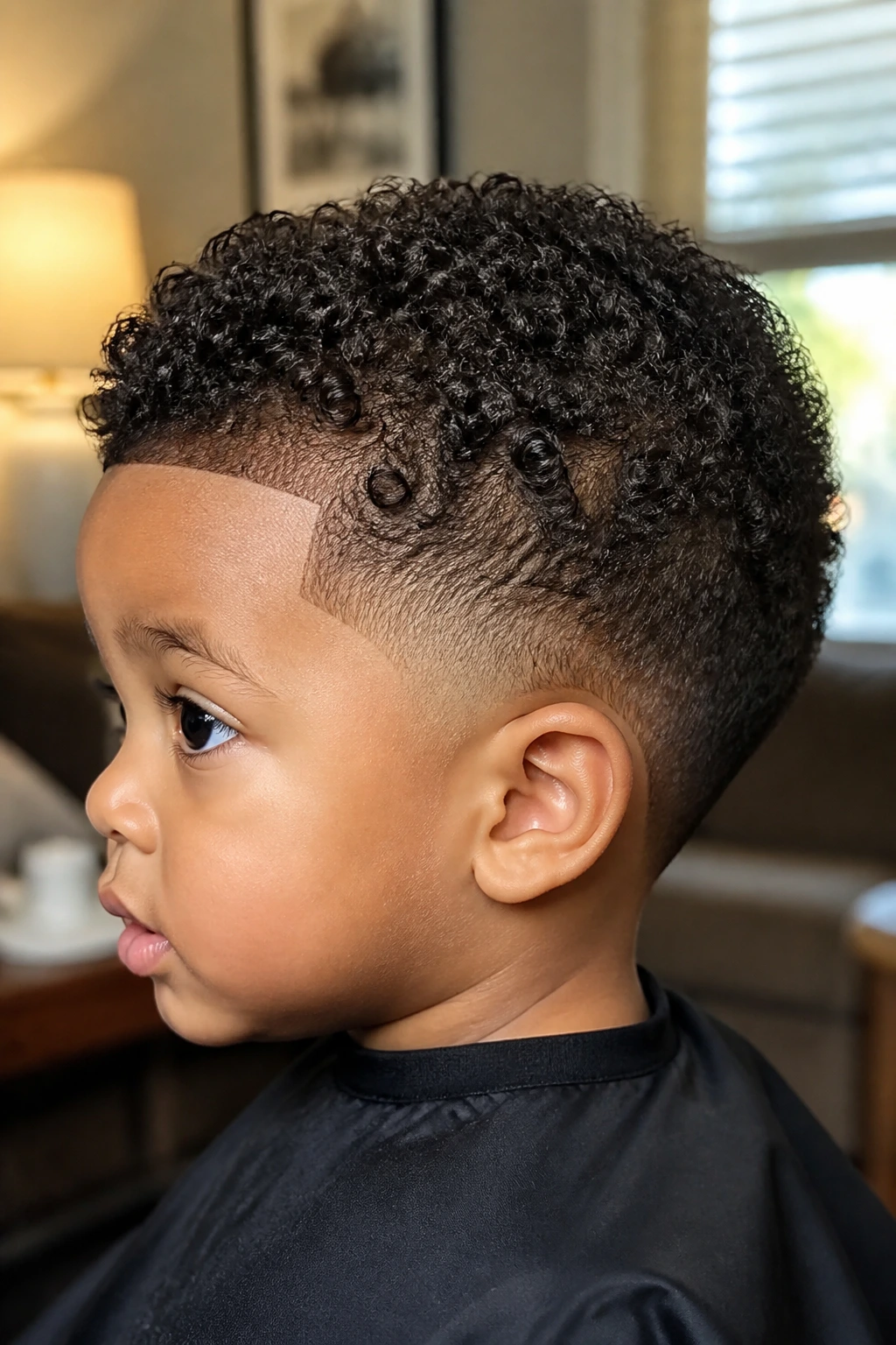 Close-up of toddler with dense curls and a neat line-up on temples and nape
