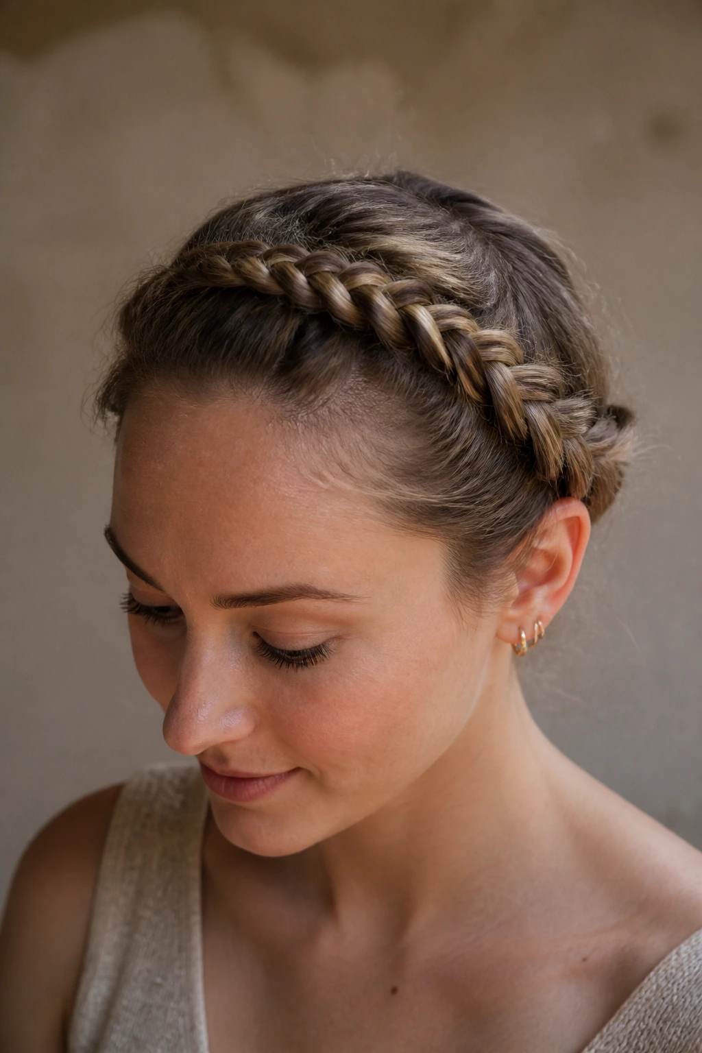 Close-up portrait of a woman with a tiny Dutch crown braid around the head