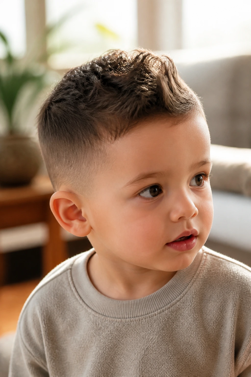 Close-up of a toddler with a tiny faux hawk and soft fade