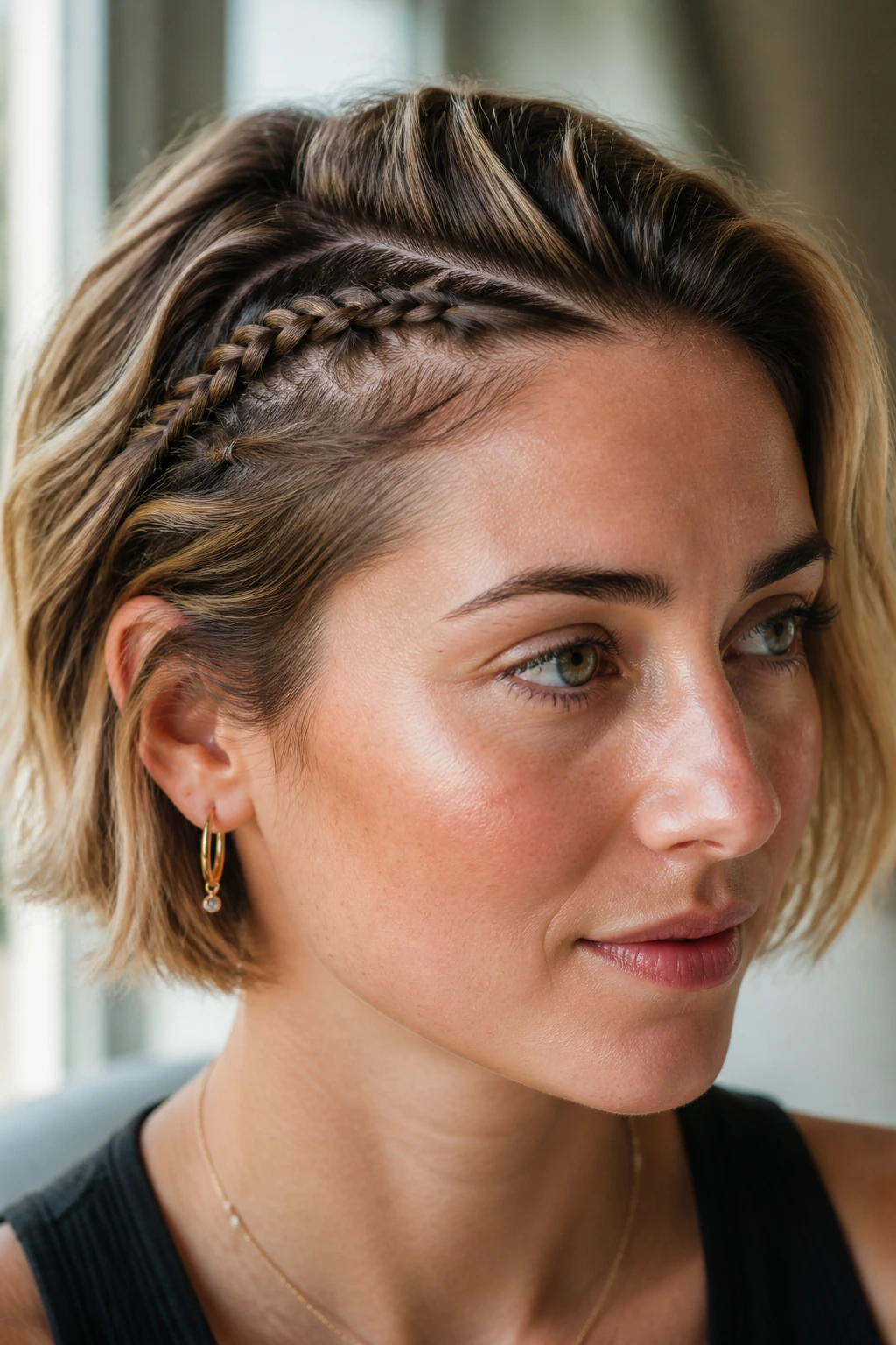 Close-up of a real woman with tiny hairline braids near the temples