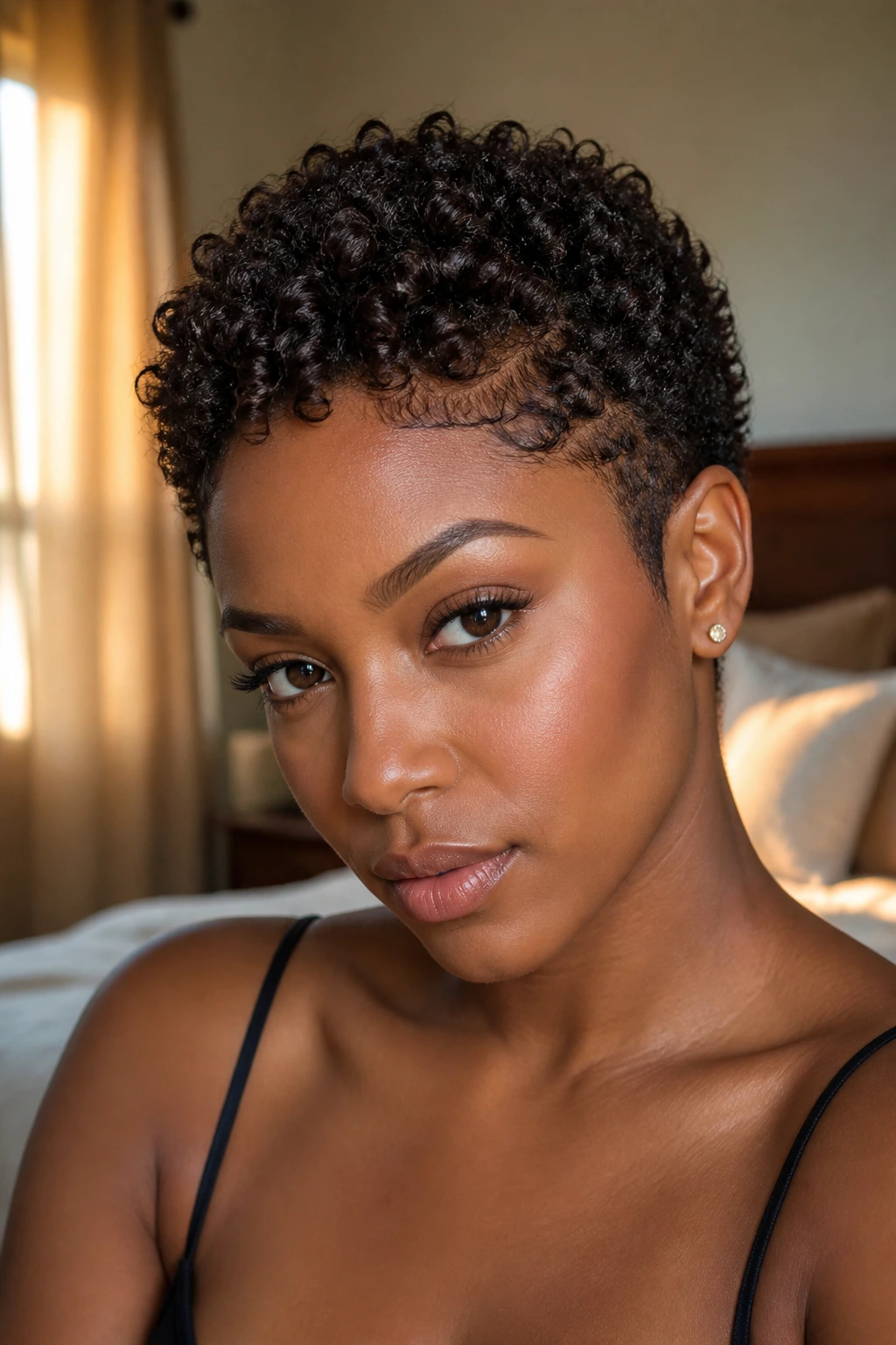 Close-up of a real person with very short natural hair showing bold shape
