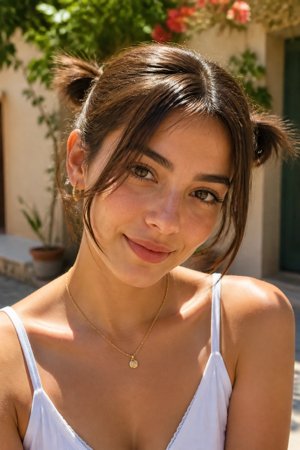Portrait of a person with tiny pigtails and soft face-framing bangs in sunlight