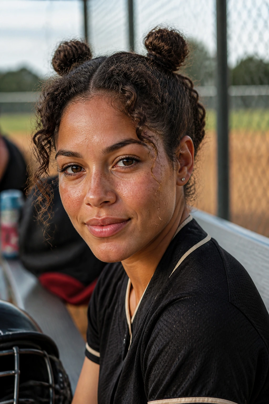 Close-up of tiny space buns on real softball player