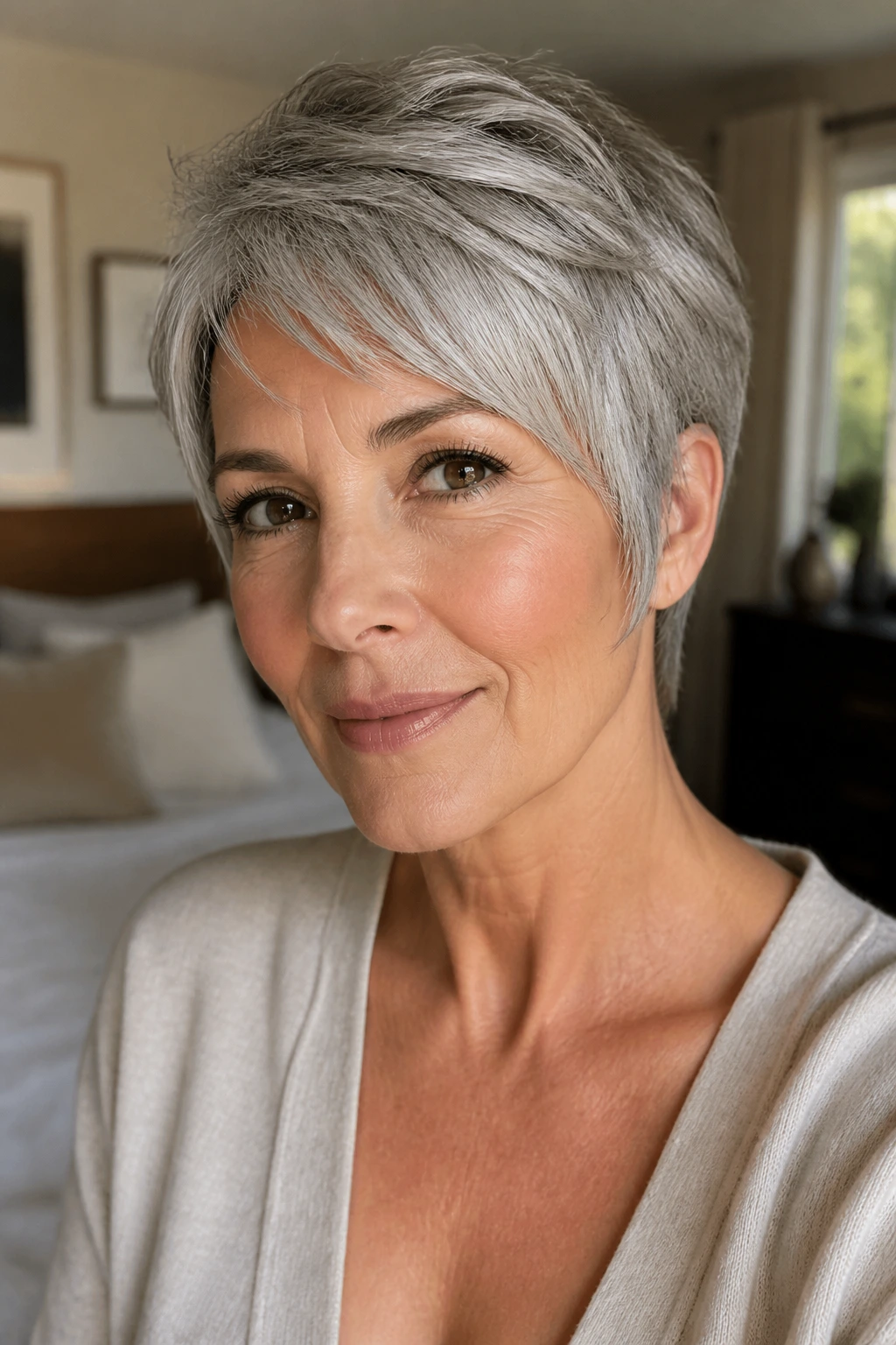 Close-up of a person with subtle pixie tweaks at temples and fringe