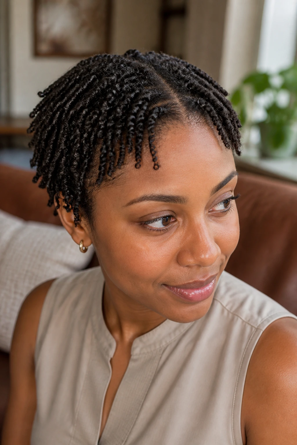 Close-up of a real person with tiny starter twists on short natural hair