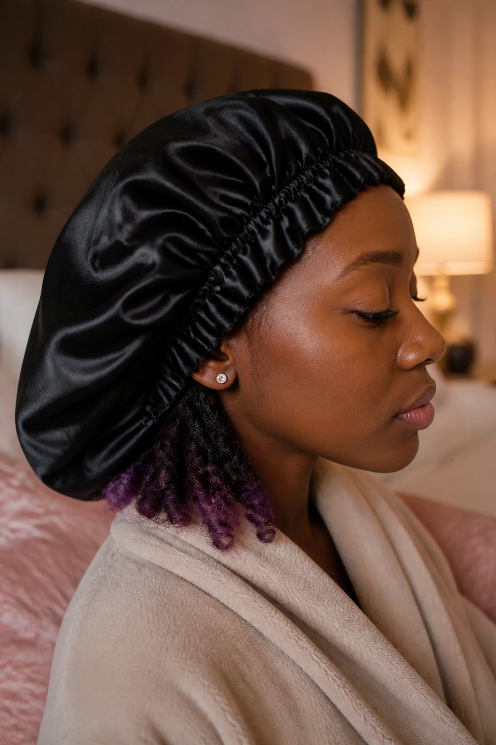 Side profile of a person wearing a satin bonnet to protect colored tips