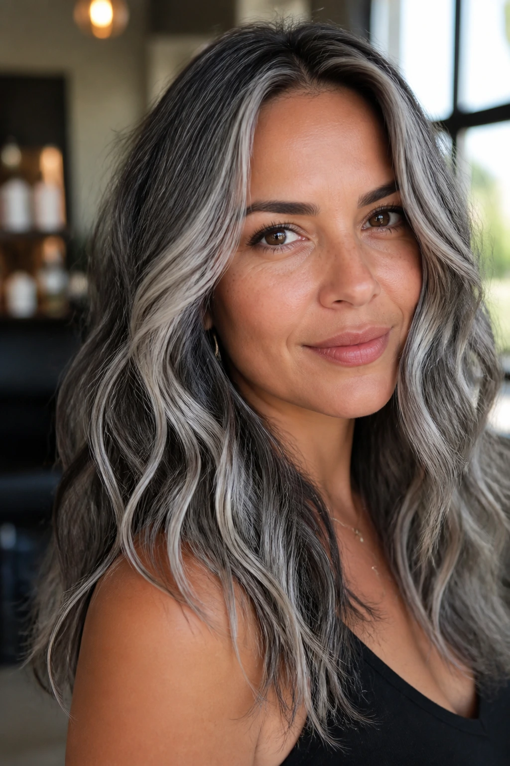 Close-up portrait of a real woman with titanium ribbon lights woven into wavy hair frames her face.