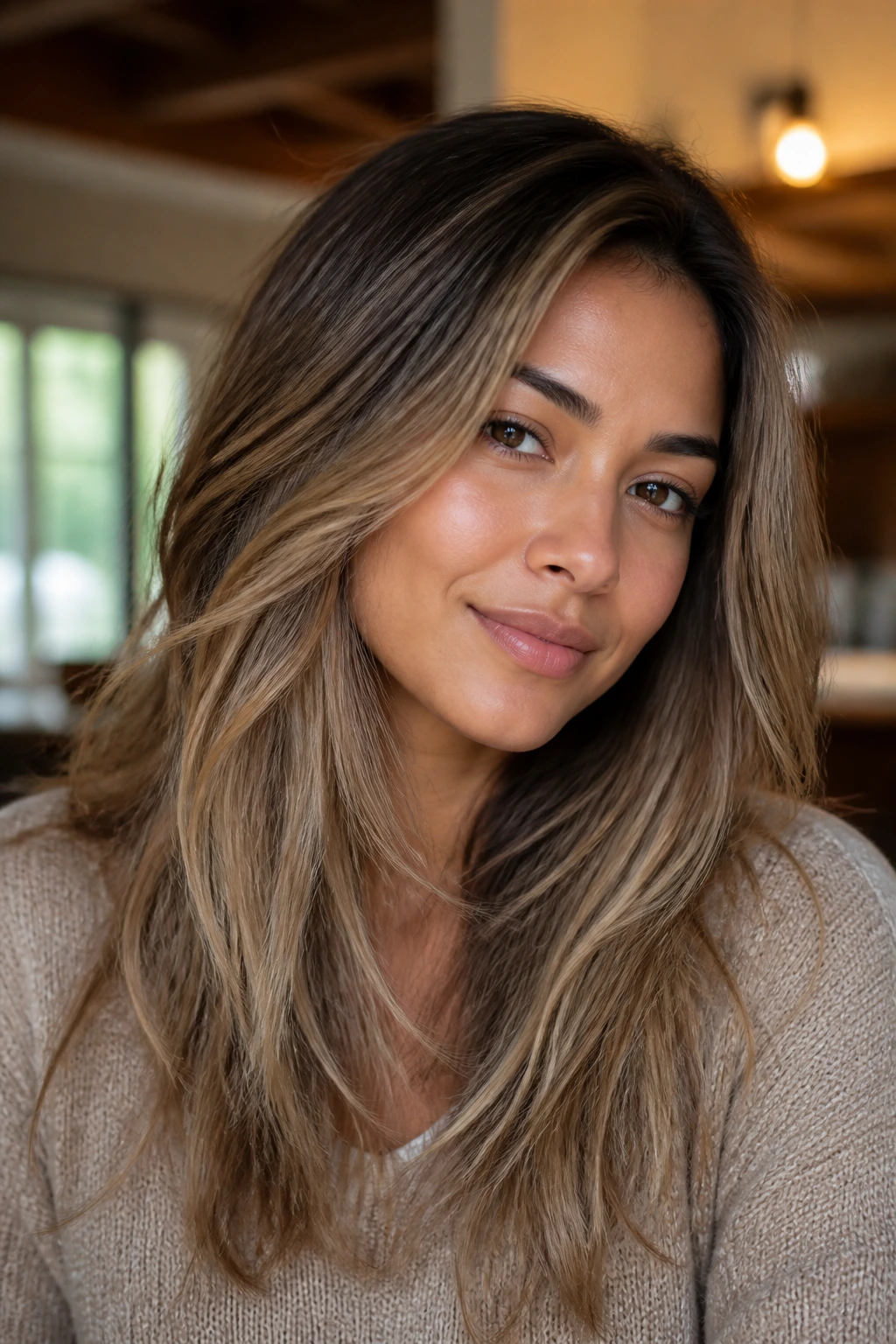 Close-up portrait of a real woman with toasted almond ash hair