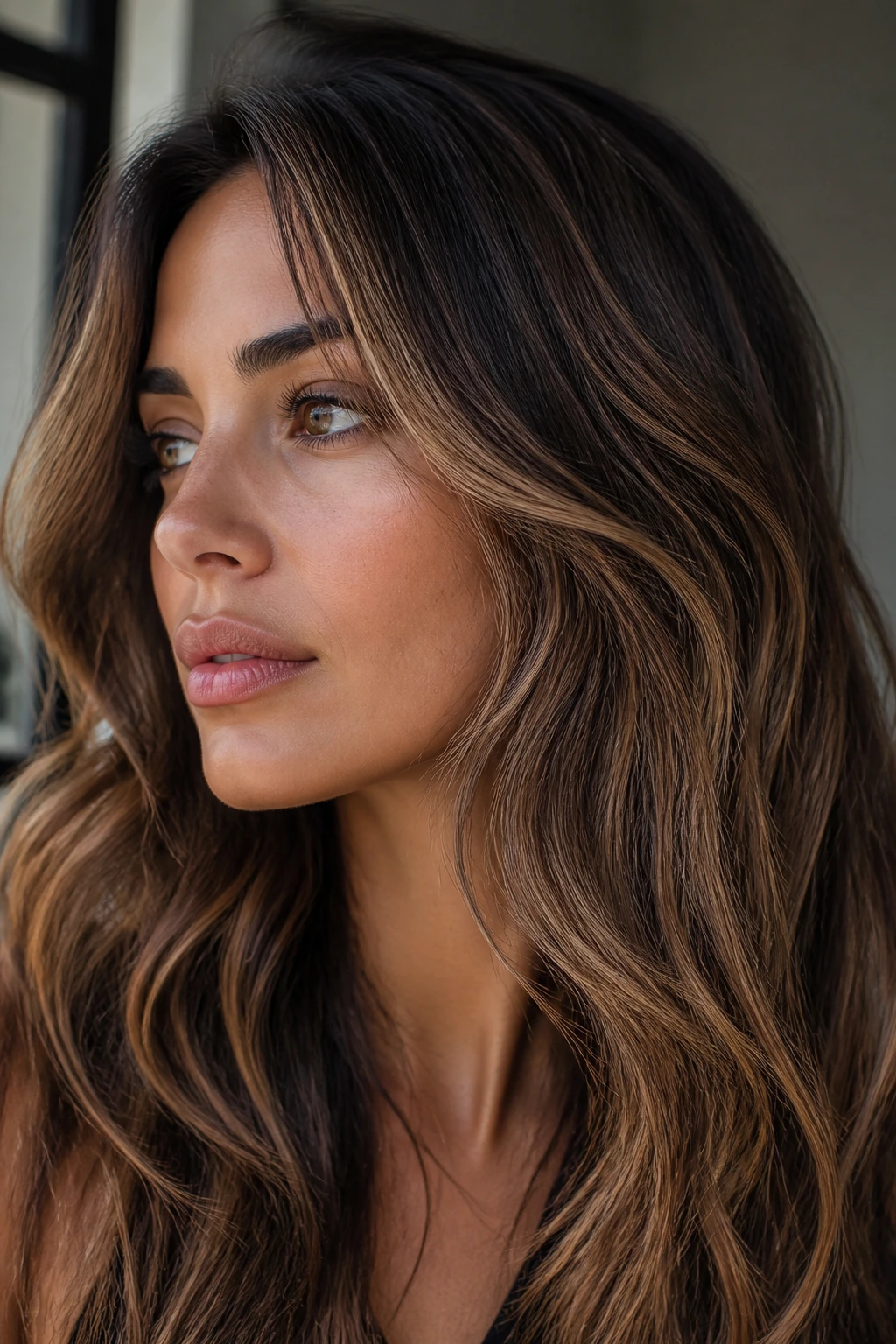 Brunette hair with ultra-fine toasted almond babylights around the face.