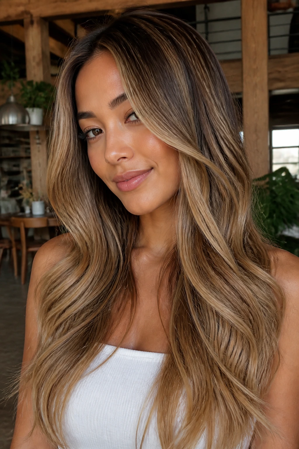 Close-up of a real person with toasted almond balayage and soft color ribbons in long hair.