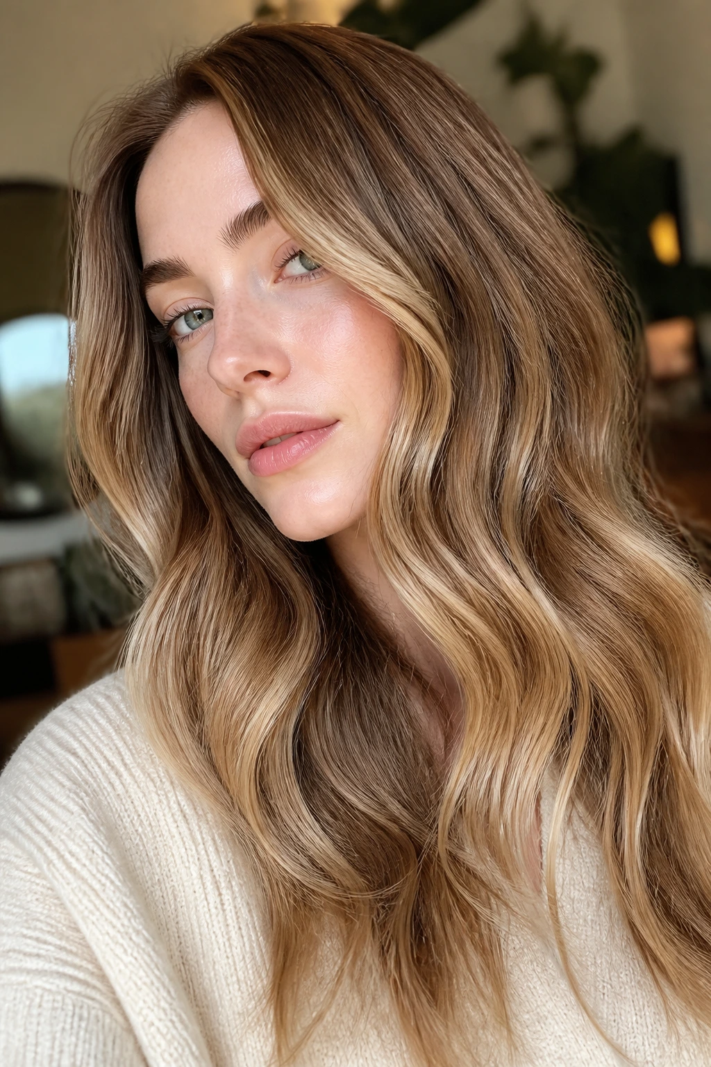Portrait of a person with beige-brown toasted almond balayage and pale skin in natural sunlight.