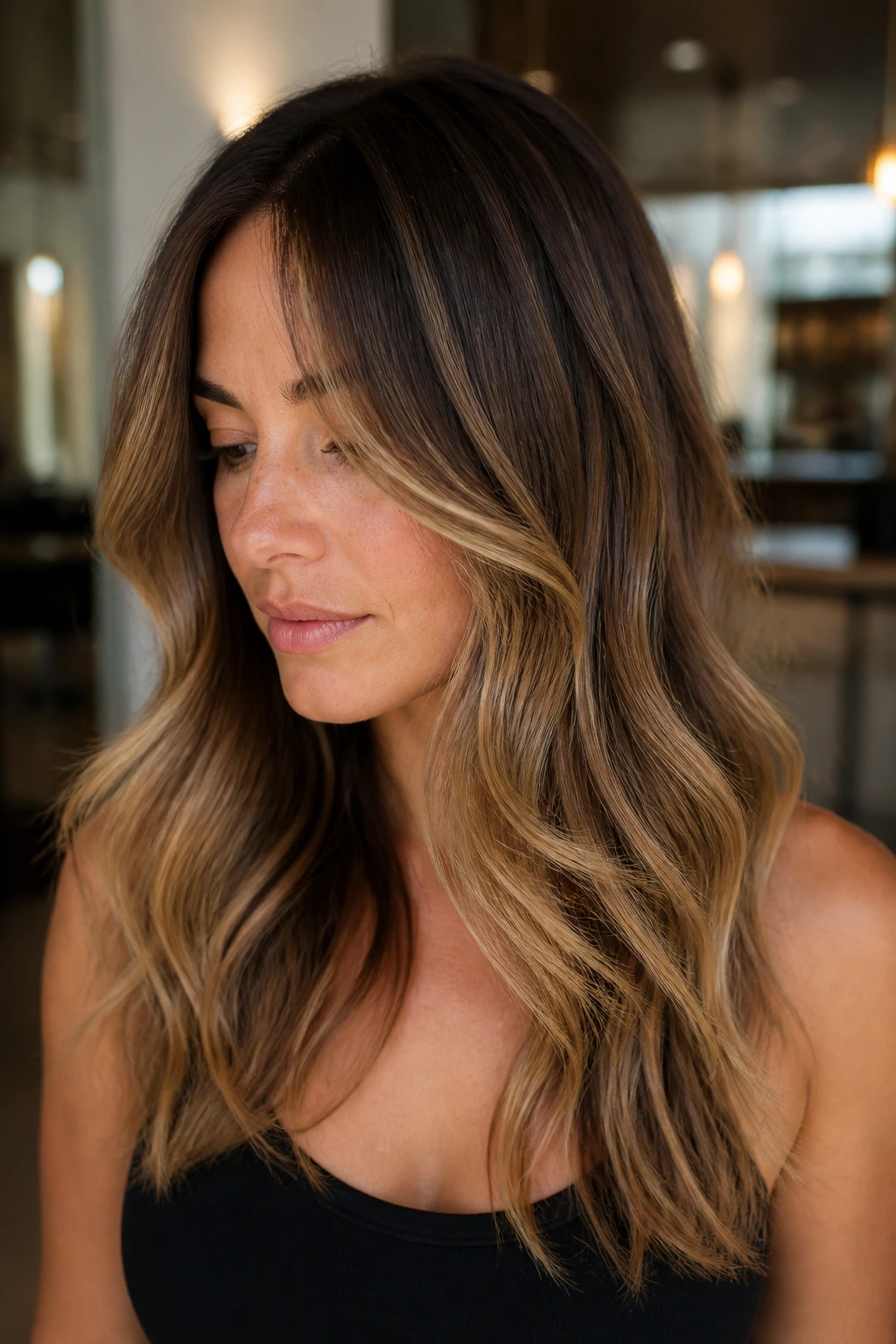 Close-up of toasted almond balayage on medium brown hair.