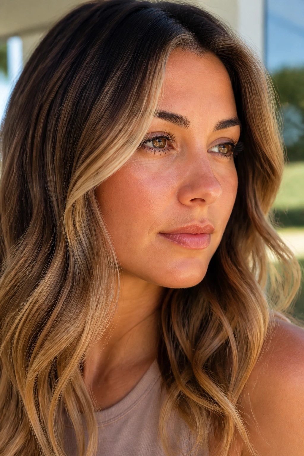 Close-up of real woman with toasted almond face-framing balayage