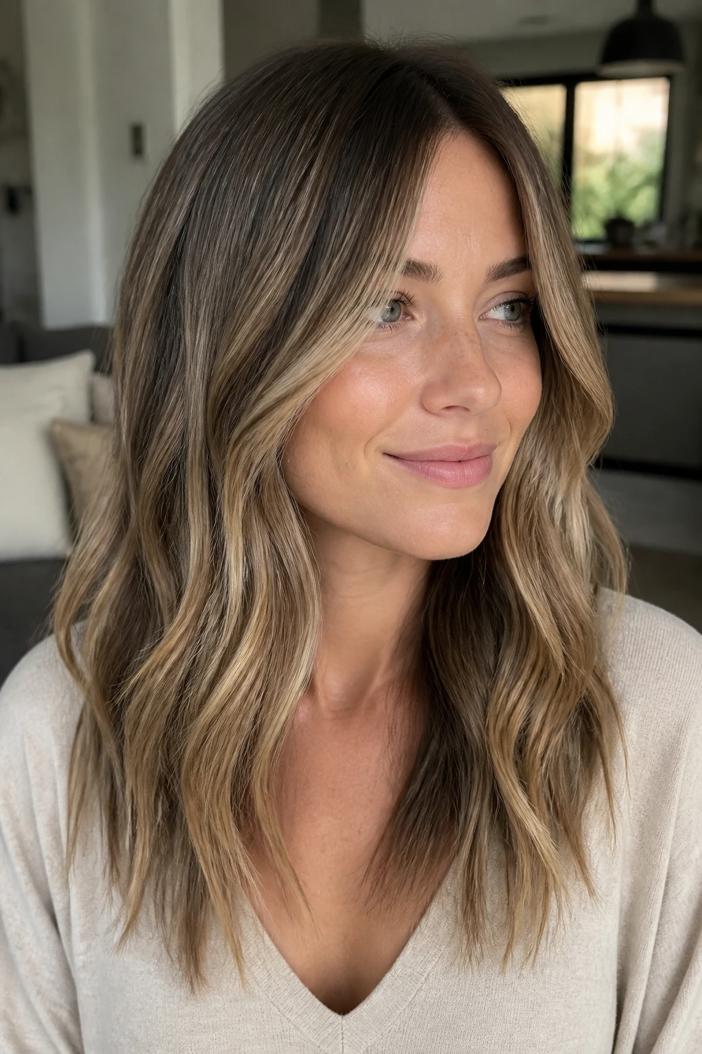 Toasted almond balayage hairstyle on a real person with soft layers