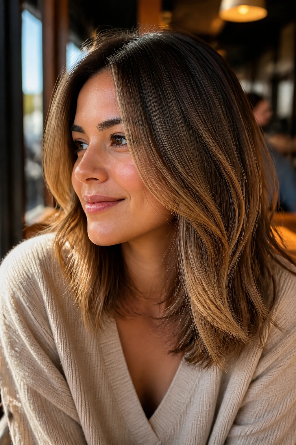 Close-up of toasted almond balayage on a real person's hair in sunlit cafe setting.
