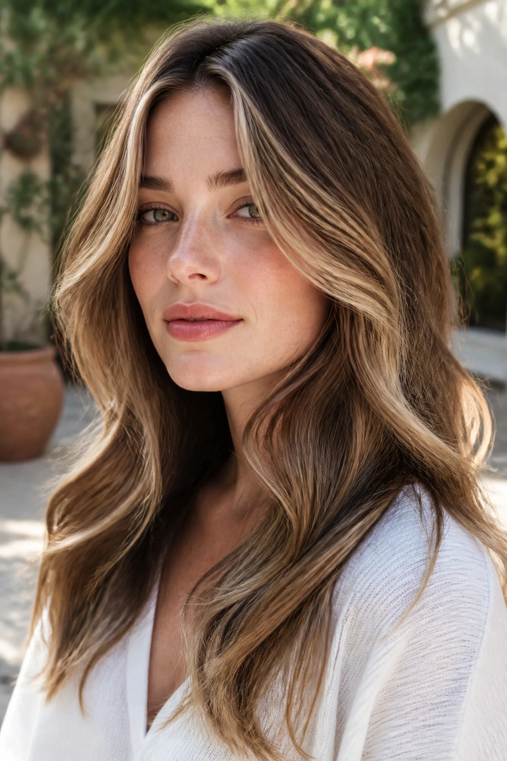 Real woman with toasted almond balayage under natural sun