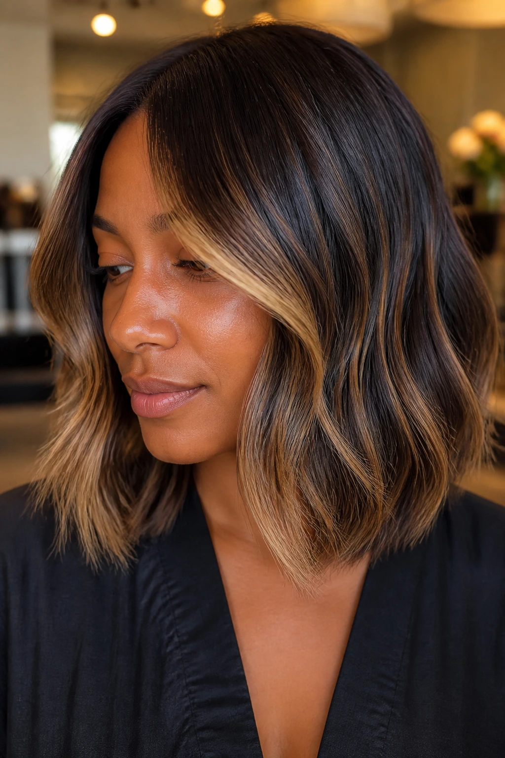 Portrait of a real person with espresso base and toasted almond balayage ribbons.
