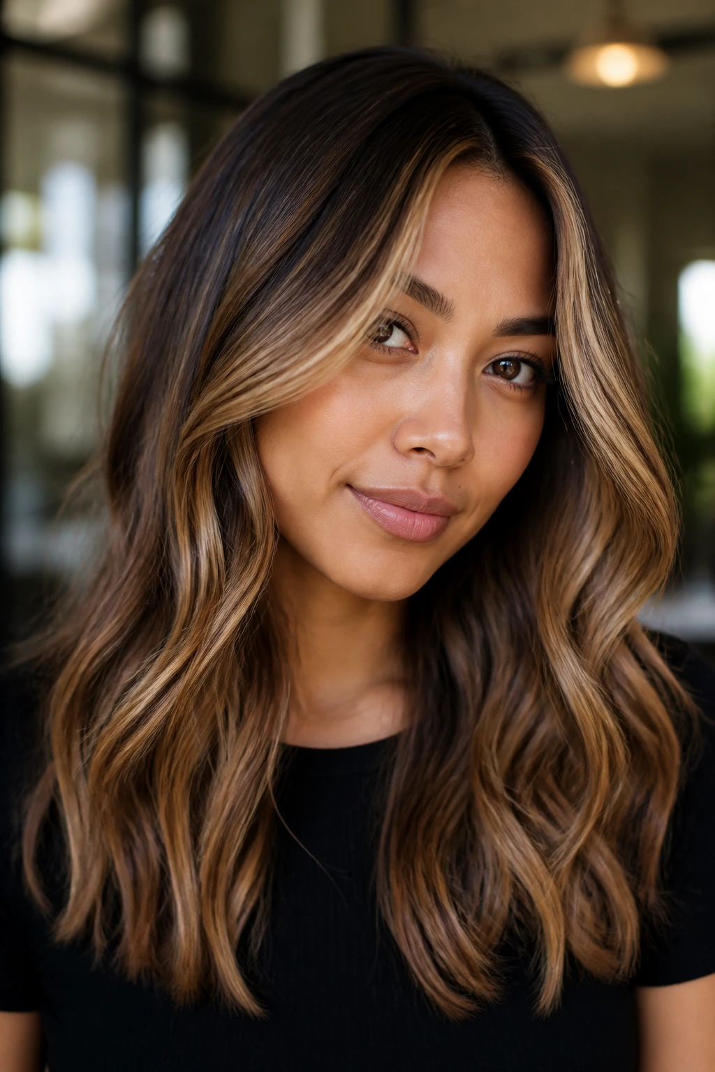 Close-up of toasted almond balayage on front framing hair.