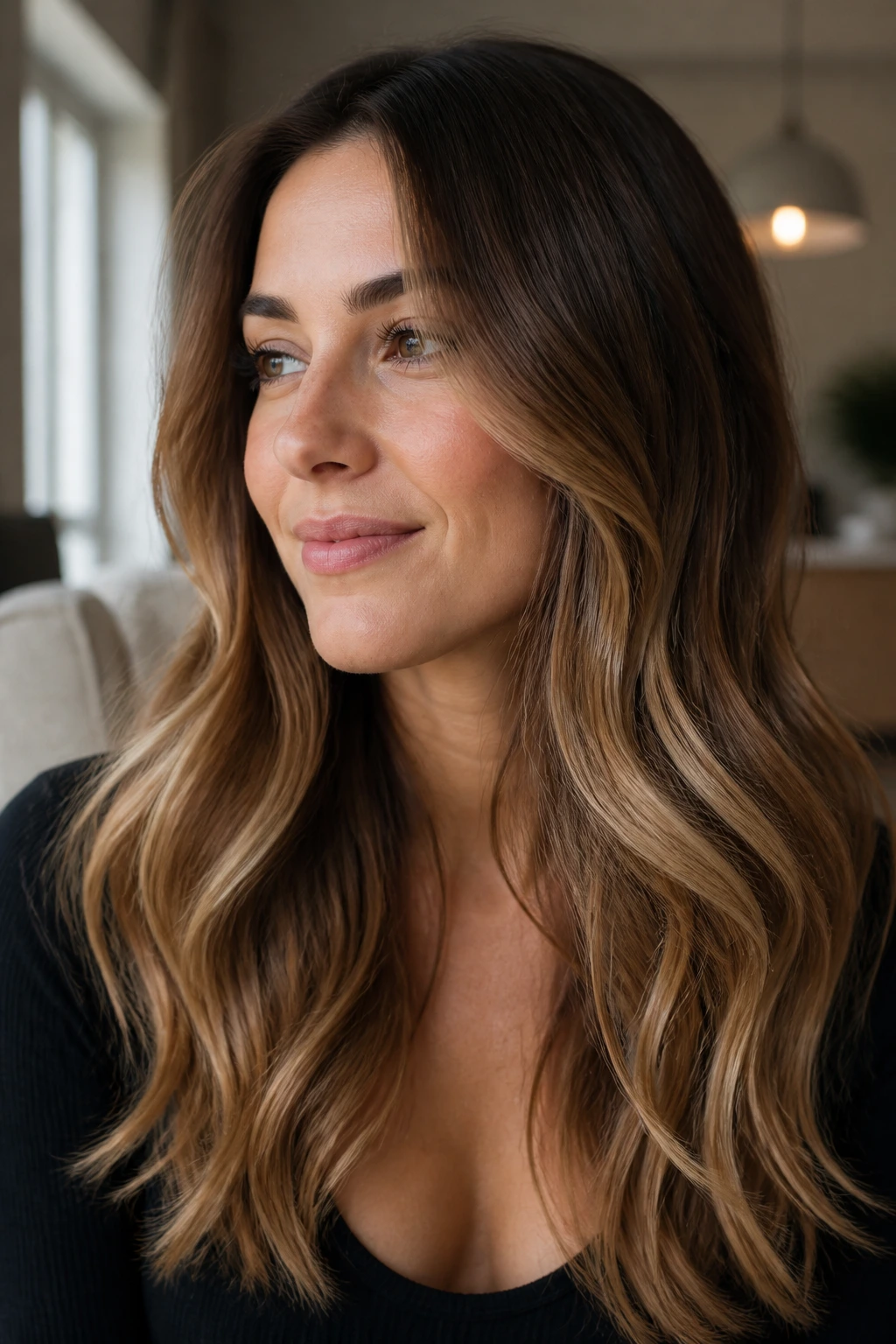 Brunette with toasted almond balayage in beige-brown warm tones