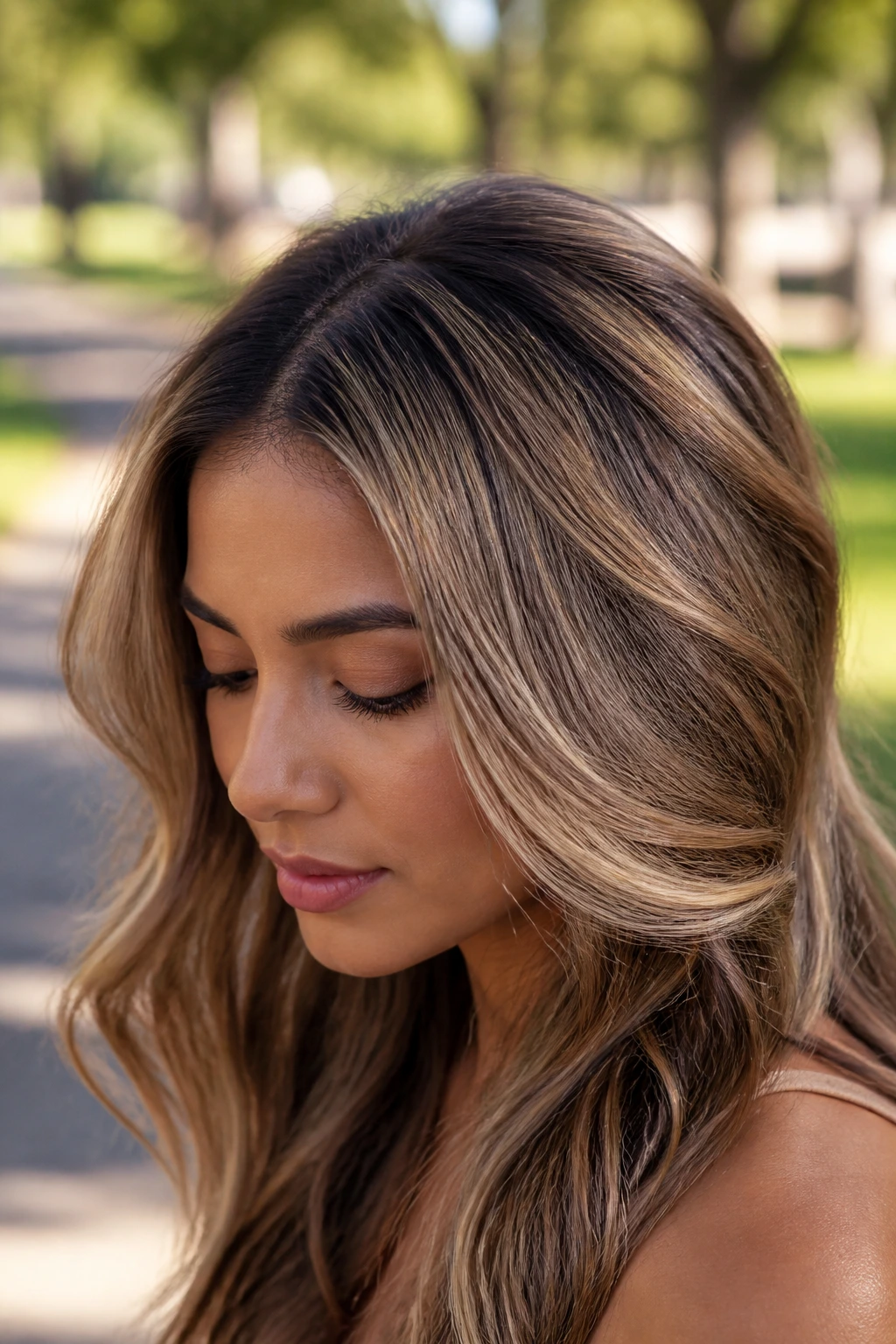 Real woman with toasted almond balayage placed high.