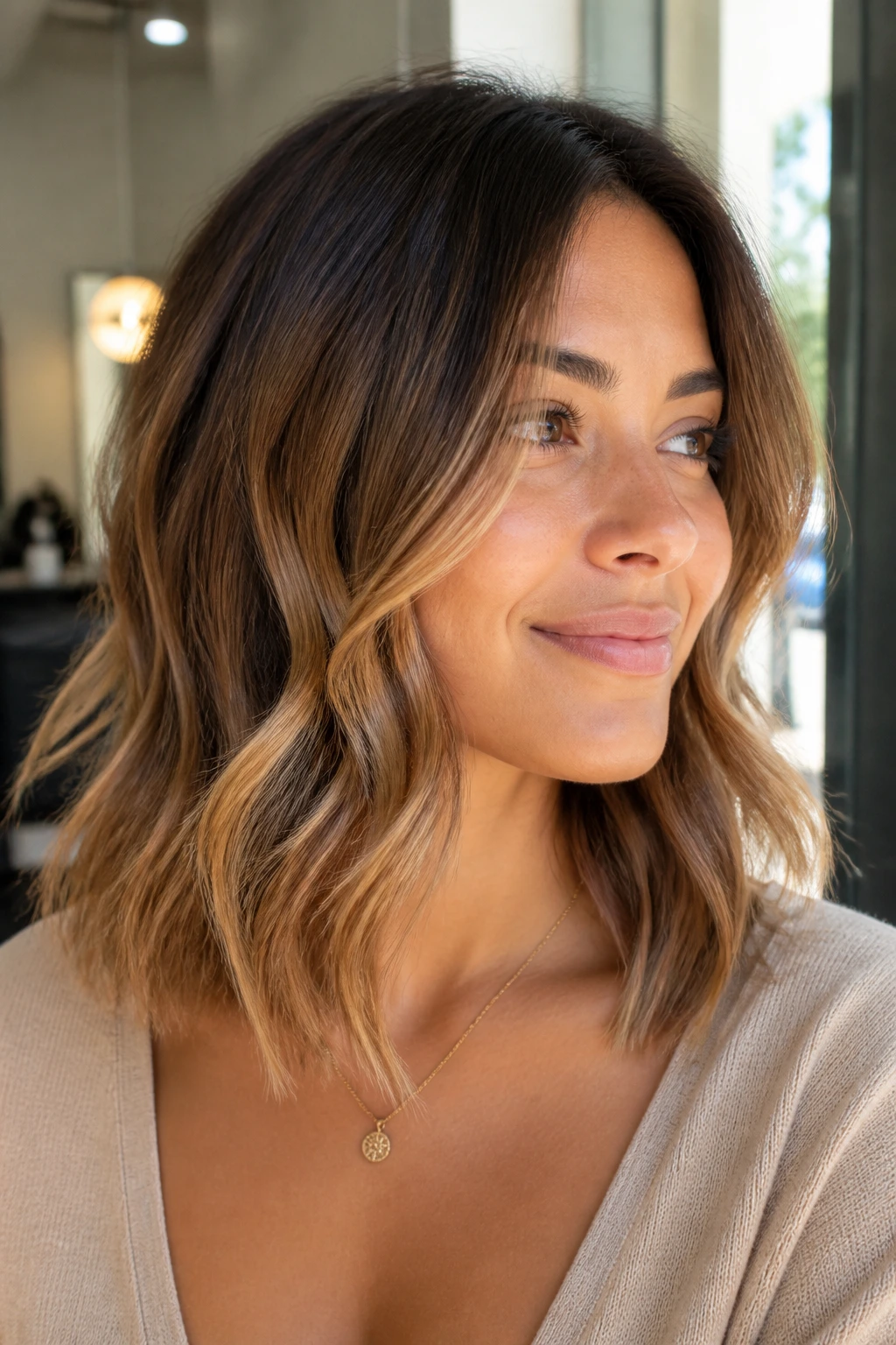 Close-up of a real woman with toasted almond balayage across mid-lengths in a warm salon.