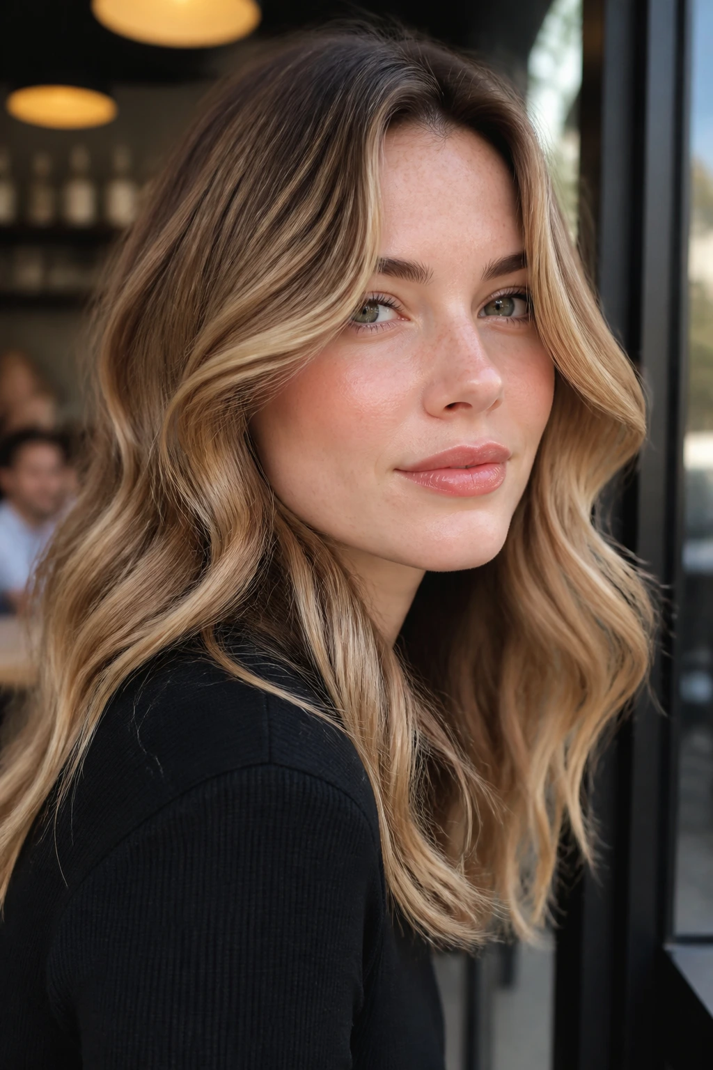 Close-up of a fair-skinned woman with toasted almond balayage in hair