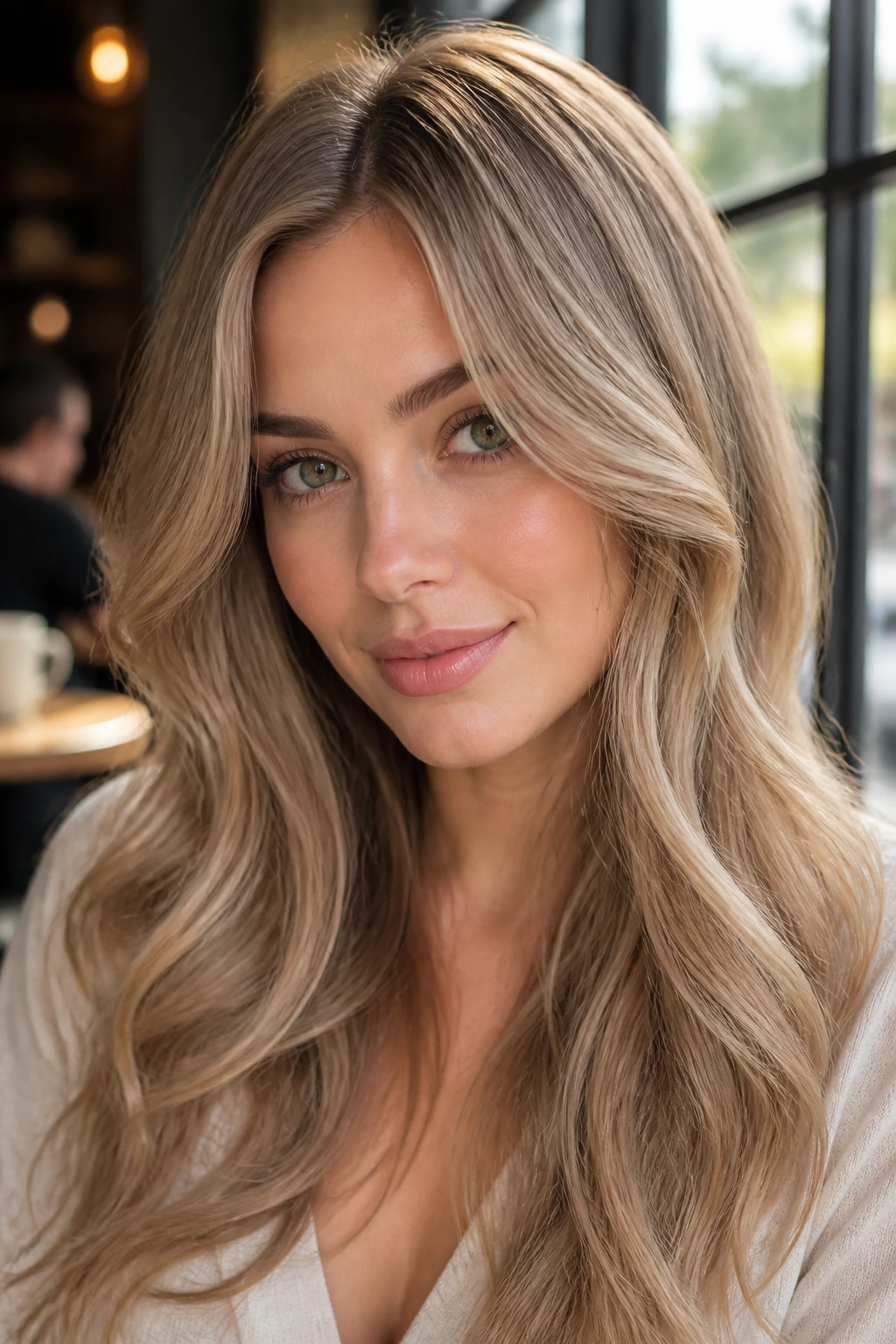 Close-up portrait of a real woman with toasted almond beige blonde hair featuring a deeper almond undertone